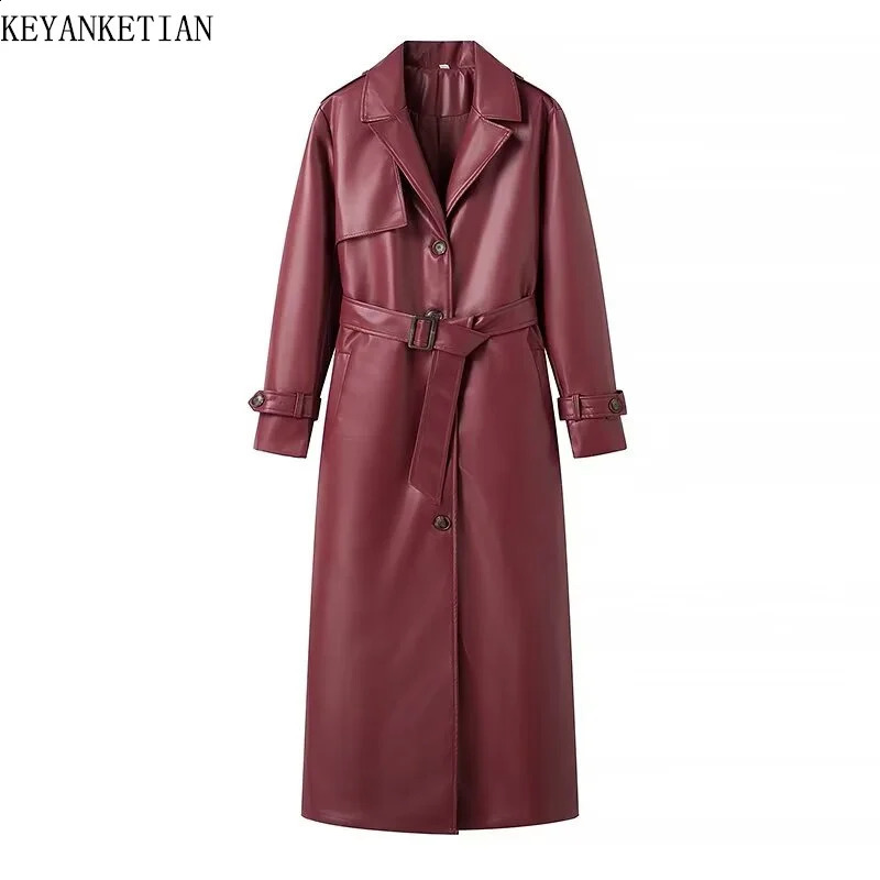 KEYANKETIAN 2024 Womens Burgundy Faux Leather Coat Retro Fashion With Belt Pockets Loose Extended Overcoat Outerwear 240813