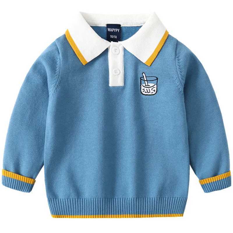 Autumn Toddler Boy Sweater Turn Down Collar Cartoon Embroidery Long Sleeve Baby Boy Pullover Loose Warm Striped Kid Boy KnitwearY240814