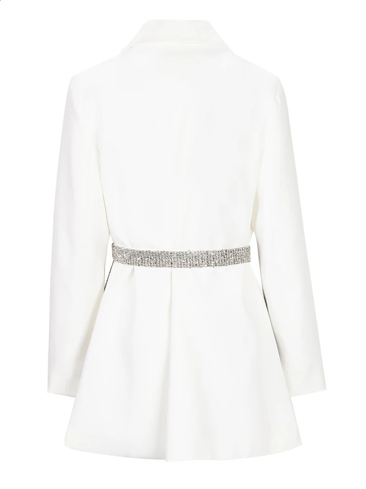 EAM Women White Tweed Pocket Belted Blazer Lapel Long Sleeve Loose Fit Jacket Fashion Spring Autumn 1DE989100 240813