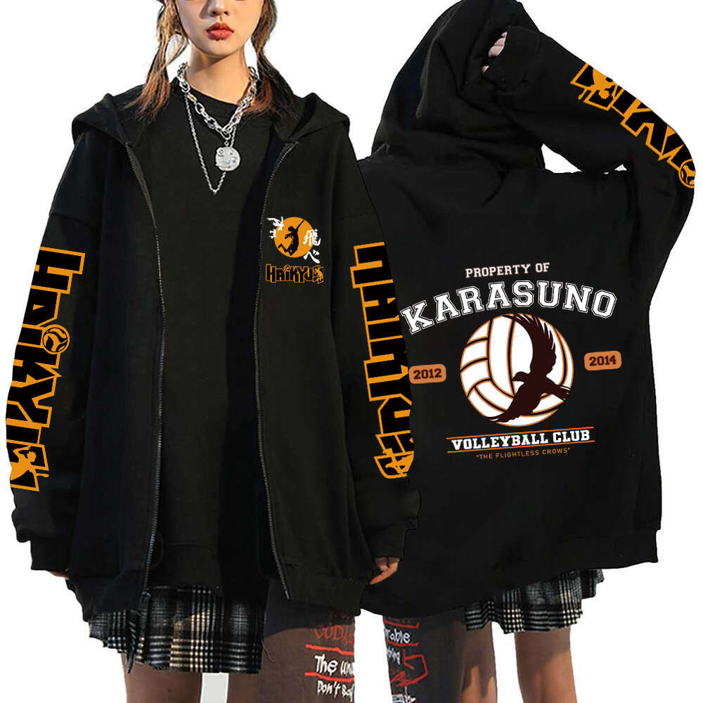 Men Women Anime Hoodie Haikyuu Zip Up Jacket Karasuno High School Plus Size Sweatshirt Haruku Unisex Autumn Warm Streetwear