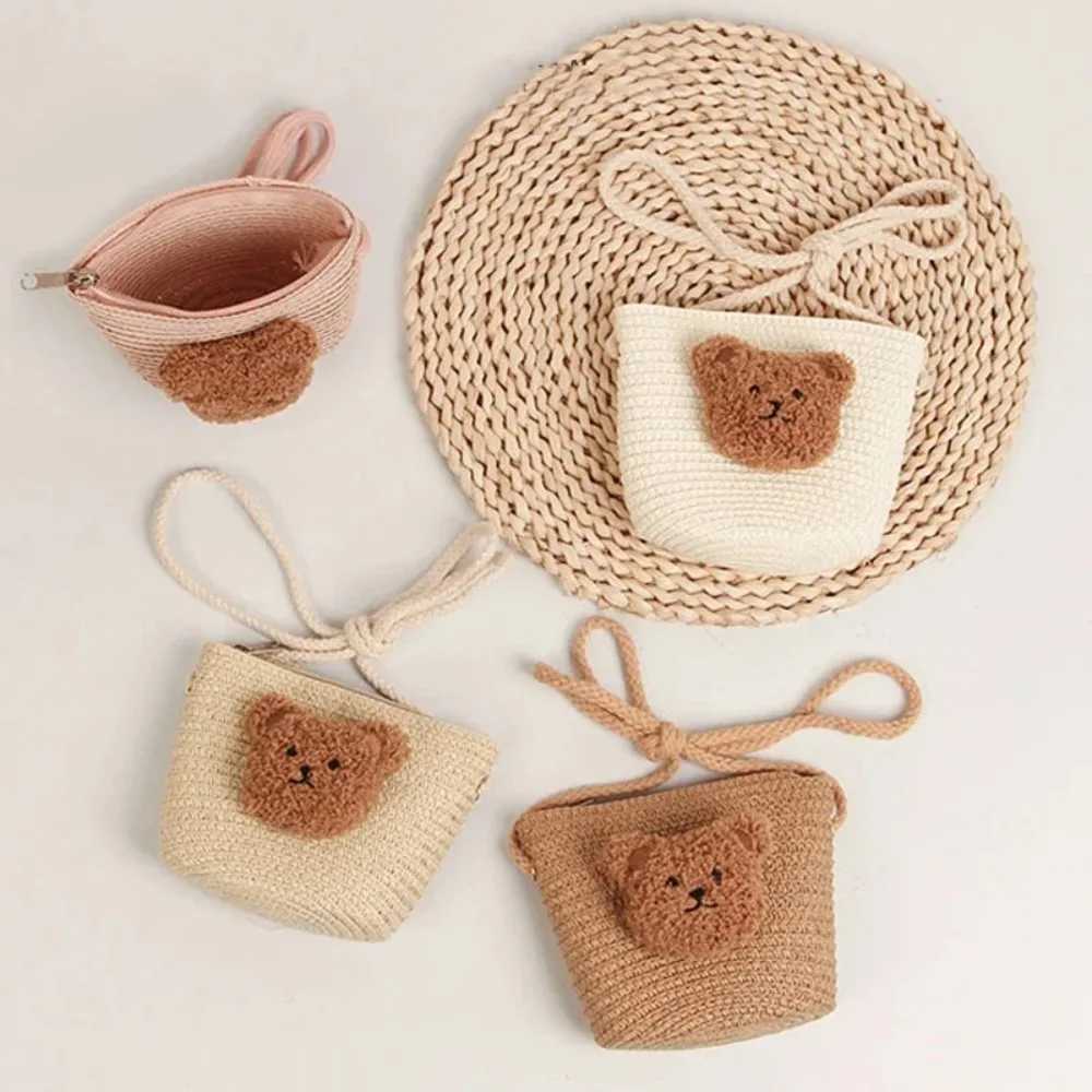 Cute childrens shoulder bag summer grass woven handmade bag mini girl coin wallet cartoon bear toddler cross bag W240906