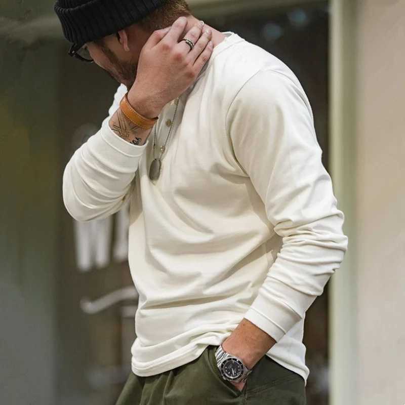 American Vintage Casual Daily Stand Neck T-shirt Mens Solid Patchwork Button Trendy Temperament Simple Cotton Long Sleeved TopM240814
