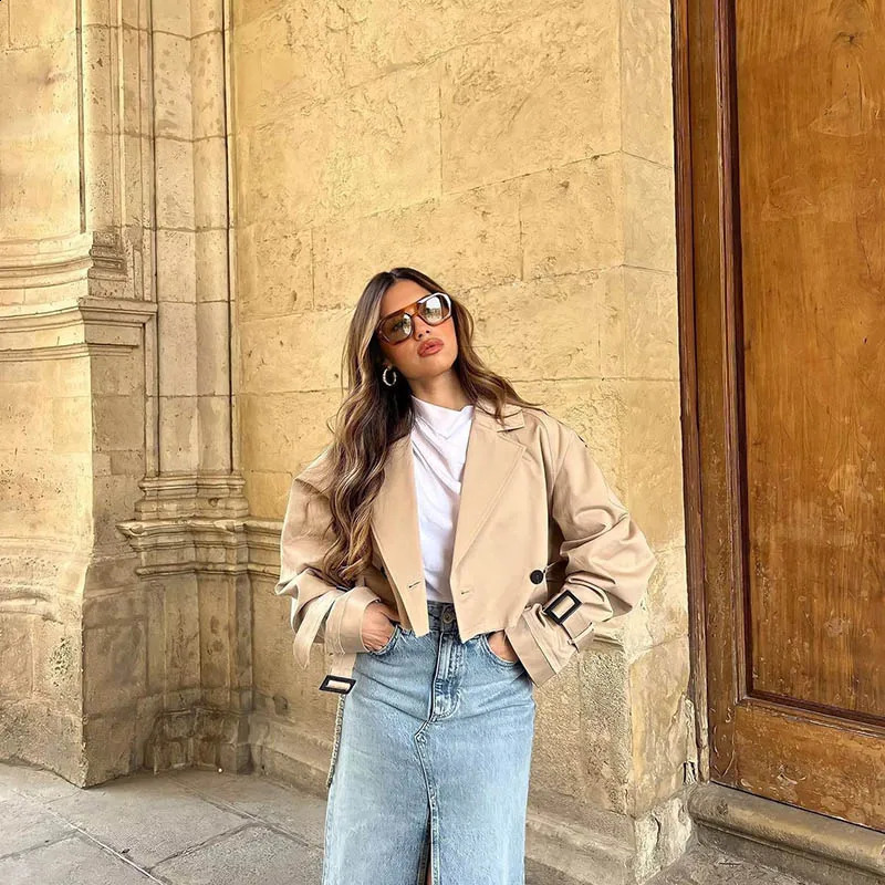 Women Jacket Autumn Fashion Casual Streetwear Button Loose Long Sleeve Tops Female Cropped Trench Coat Outwear 240813