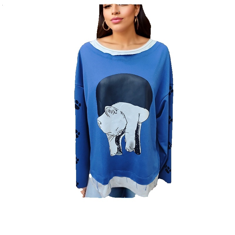 Fake two long sleeved printed T-shirts, blue top, loose and versatile round neck base shirt, trendy d76e4