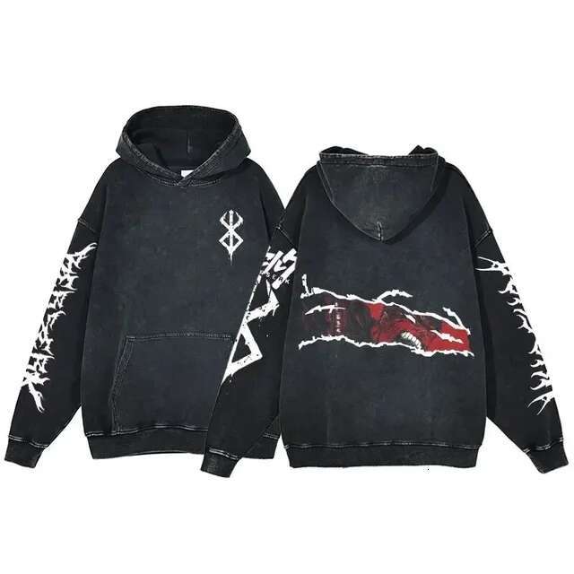 Manga Berserk Men's Hoodies Long Sleeves Washed Cotton Sweatshirts Vintage Gothic Anime Oversized Comfortable Soft Streetwear