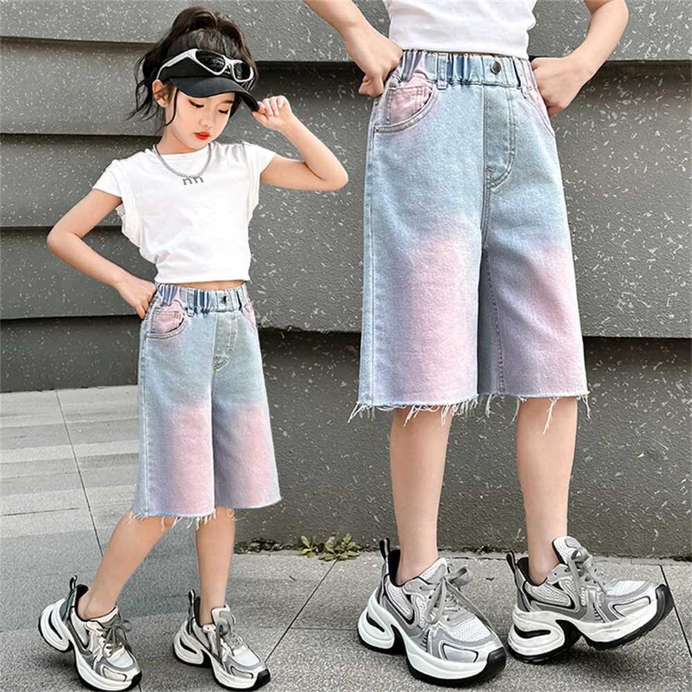 2405 Girls Jeans Printed Youth Denim Shorts Jeans Fashion Childrens Summer High Quality Powder Blue Original Edge Jeans W240813