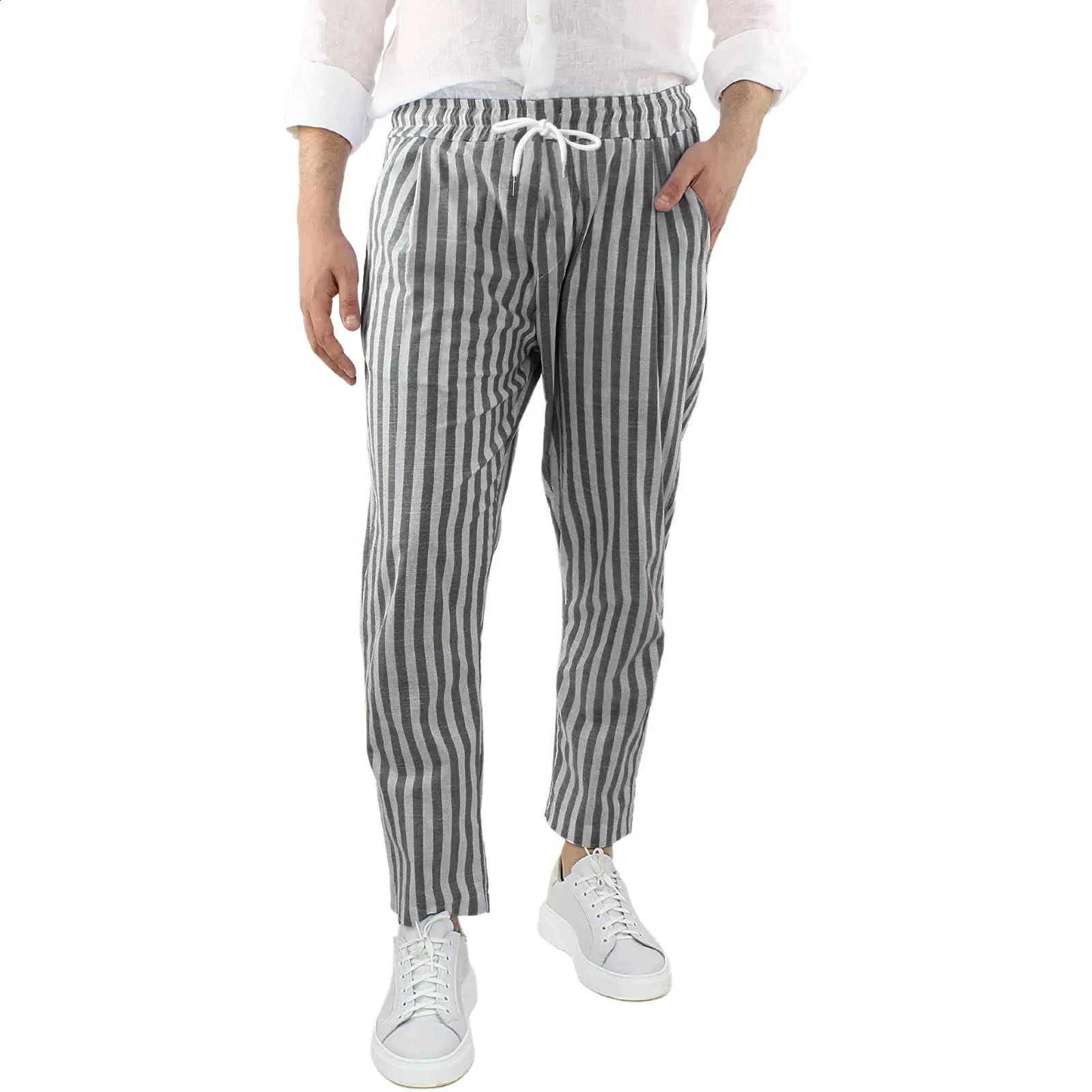 Mens Loose Casual Pants Breathable Waist Striped Cotton And Linen Trousers Comfy Daily Simple Pants Ropa Hombre 240813