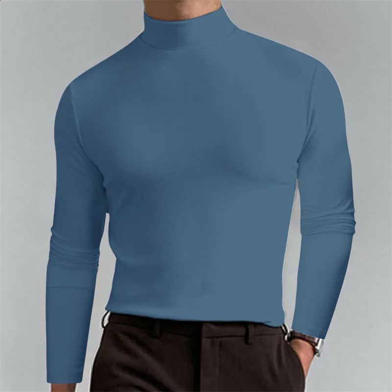 Men Casual Base T-shirts Long Sleeve High Neck Slim Elastic Thin Shirts Spring Autumn Fashion Simple Solid Color Daily Tops 240814
