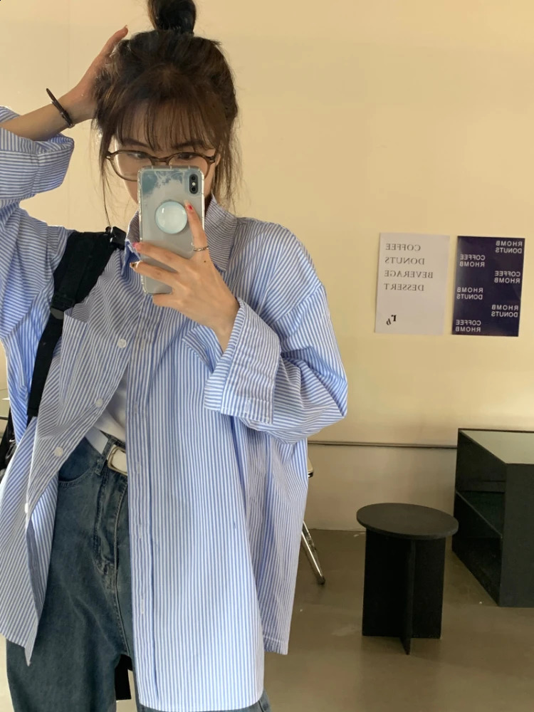 S-5XL Women Shirts Stripped Baggy American Preppy Style Pocket Trendy Versatile Elegant Streetwear Students Daily Cozy Aesthetic 240814