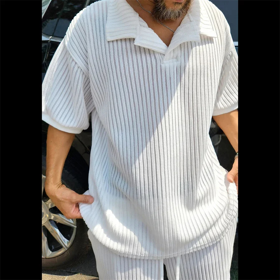 2024 Summer Knitted Short Sleeve Tshirt and Shorts Male Two Piece Set Streetwear Casual Solid Color Men Sports Suits Tops 240814