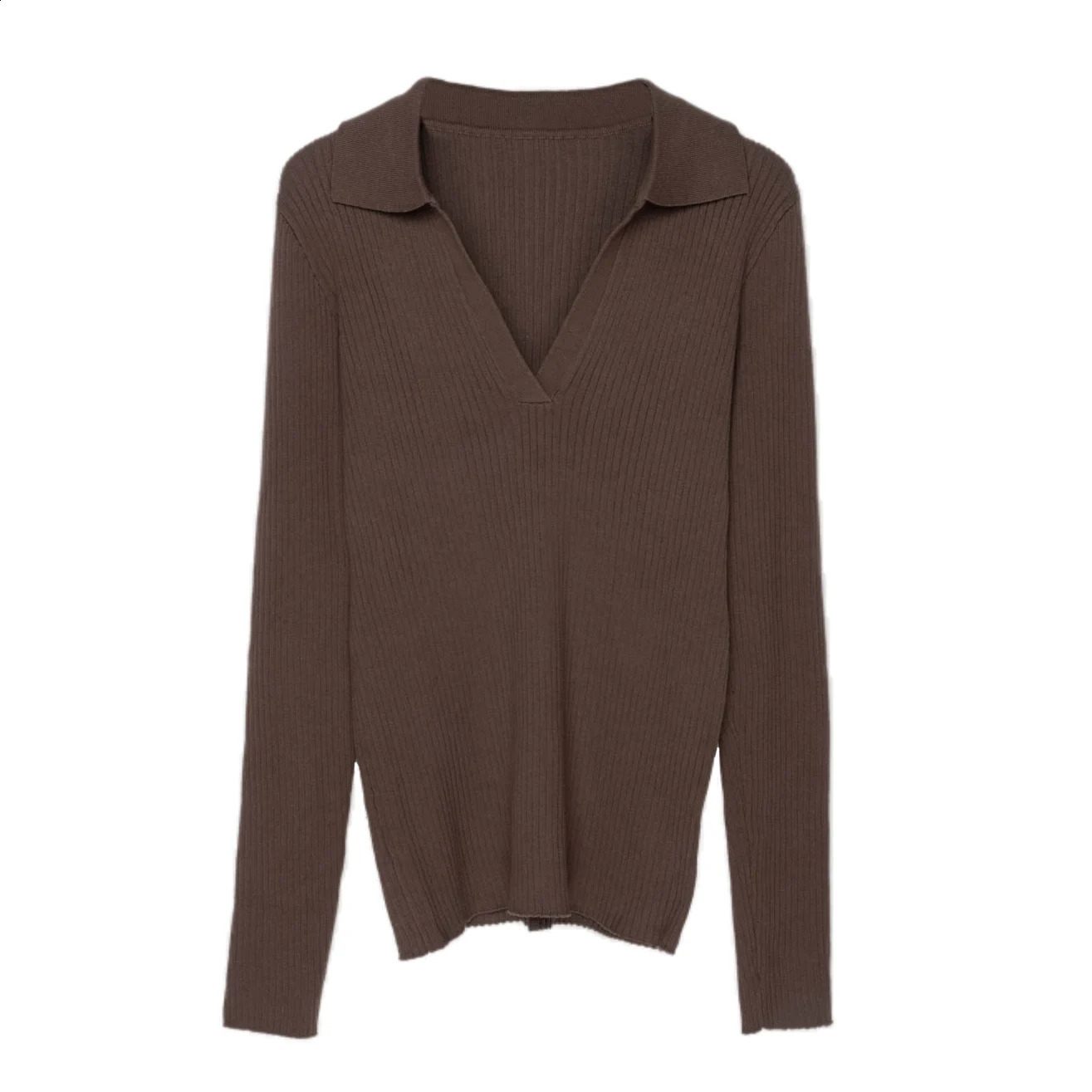 Cotton knitted polo shirt for women V-neck sweater with collar long sleeved ribbed top 240827