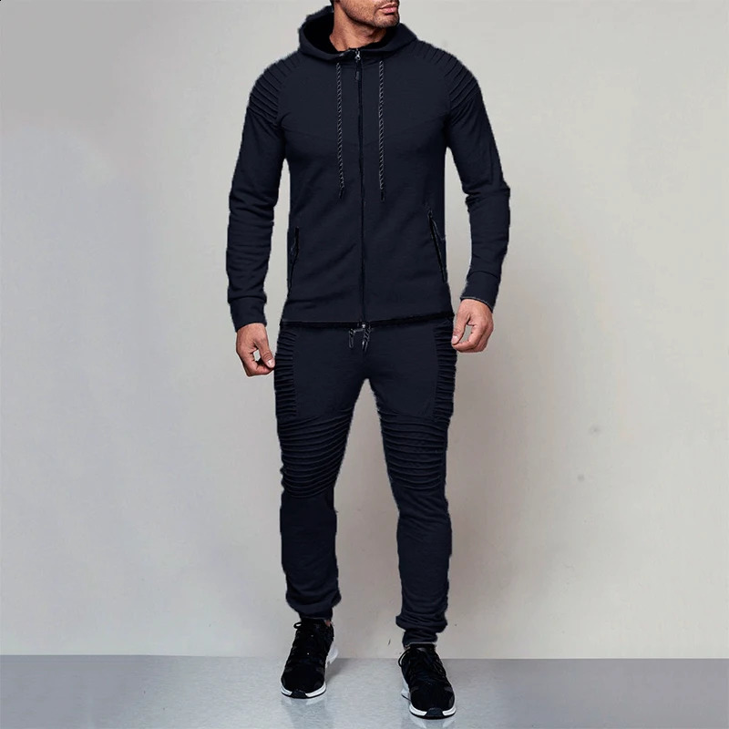 Autumn Winter Loose Casual Solid Color Hoodies Elastic Waist Pants Tset Men Hooded Zipper Drawstring Top Comfortable Trousers 240813