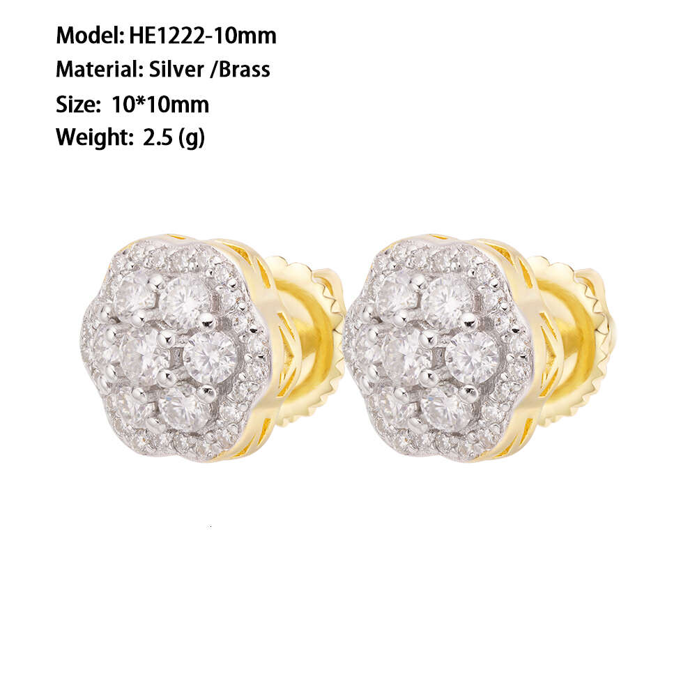 8MM 10MM 12MM Iced Out Hip Hop Pass Dia Tester VVS Moissanite Men 14k Gold Plated wer Cluster Screw Back Earrings