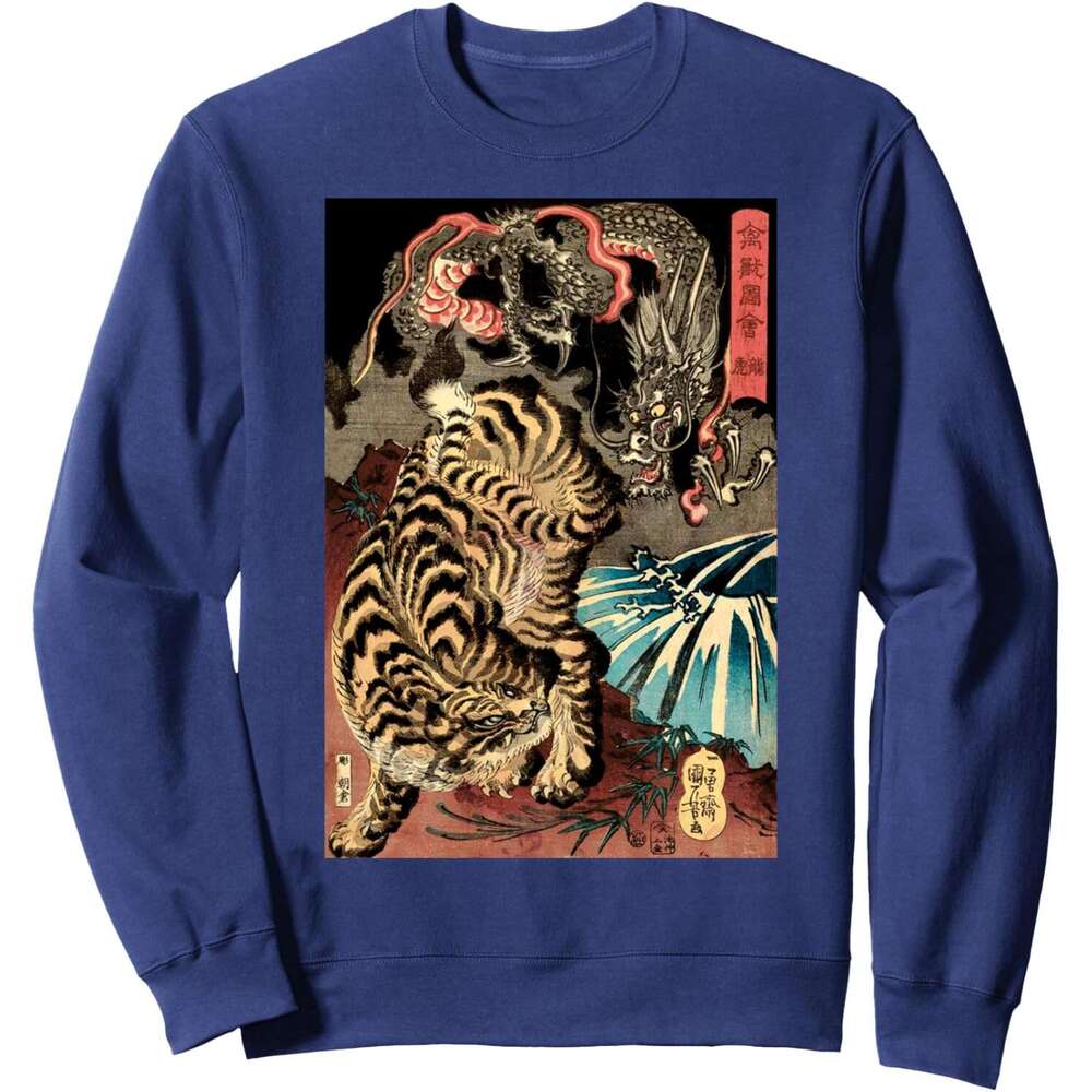 Long Sleeve Shirts For Men Sweatshirt Retro Vintage Dragon Fighting The Giant Tiger Japanese Sweatshirt Graphic Tee Streetwear Casual Tops sweatshirts