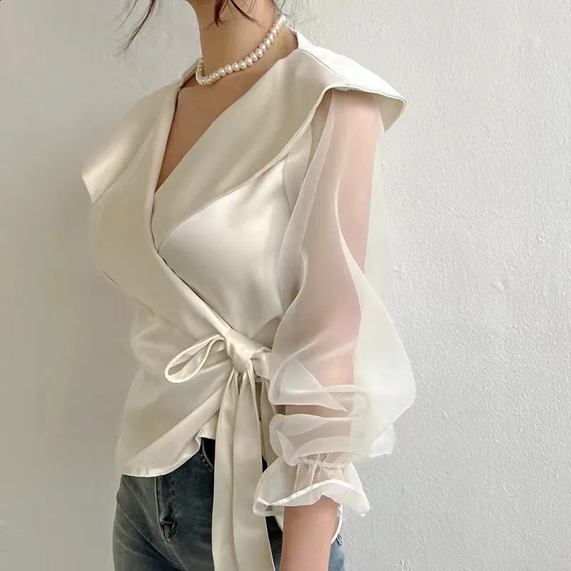 Korean Chic Spring Long Sleeve Womens V-neck Sewing Puff Sleeve Womens Lace Chiffon Sleeveless 240814