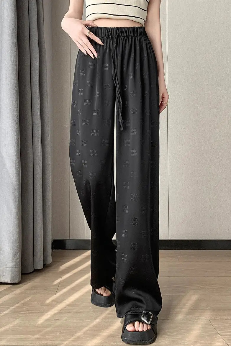 Hanging ice silk satin wide leg pants for women in spring and summer high-end loose straight leg floor pants 240813