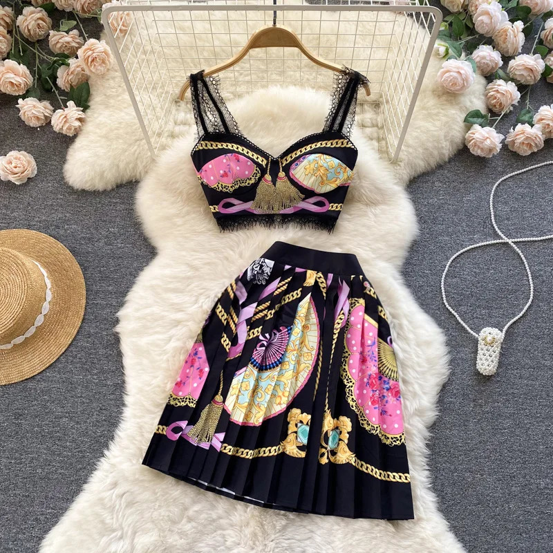 Summer Short Strapless Suspender Vest High Waist Pleated Skirt Two Piece Set Dress Sets 240810