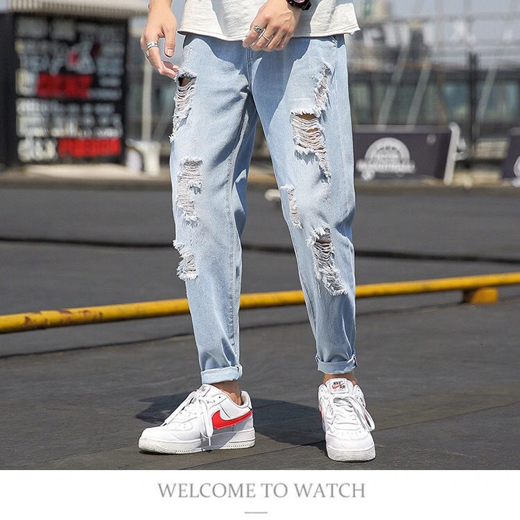 Summer thin cut ripped jeans for men, loose fit, 9-inch fat, trendy brand, plus size 1 pounds pants, beggar carrot pants