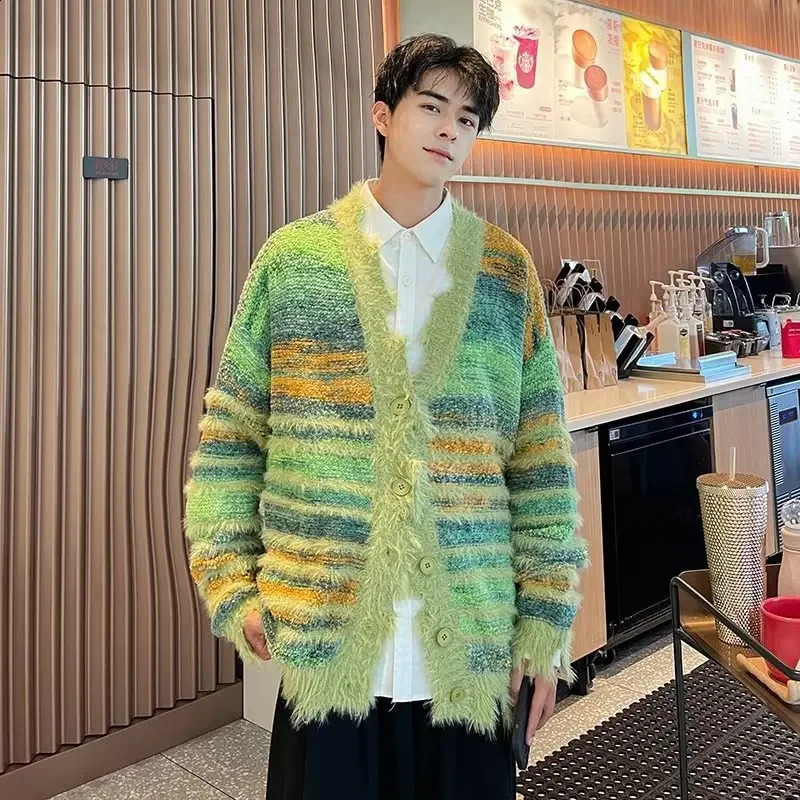Winter Irregular Knitted Sweaters Man Loose Stripe Cardigan Color Block Oversized Sweater Woman Y2K Harajuku Knit Coats Tops 240821