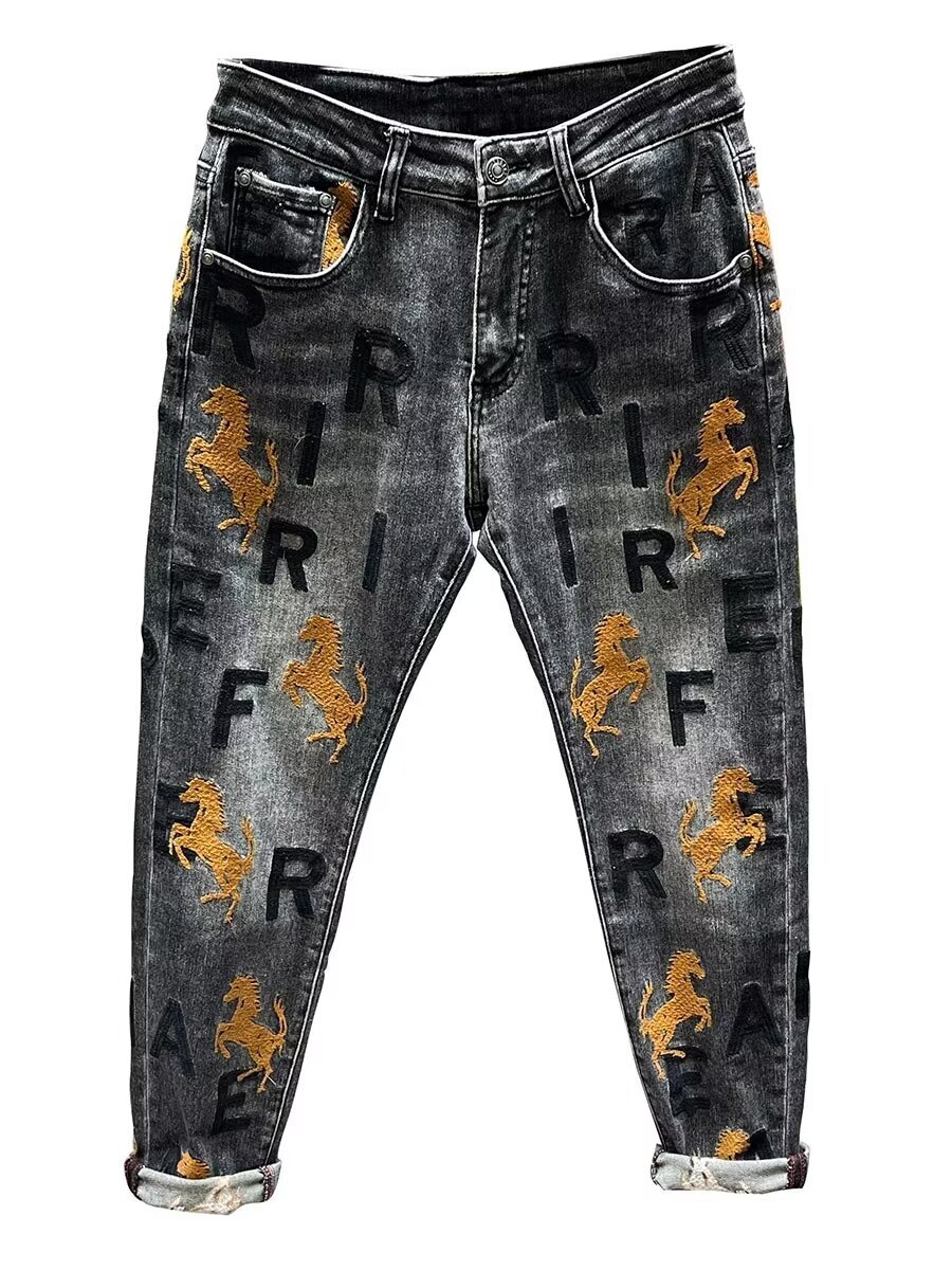 2024 American summer jeans men's cropped versatile design trendy fashion slim casual pants