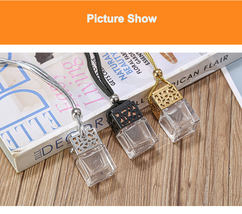 Auto-Hanging Perfume Bottle Cube Diffuser - Elegant Glass Reusable Air Freshener for Cars & Home, Gold, Black, Silver