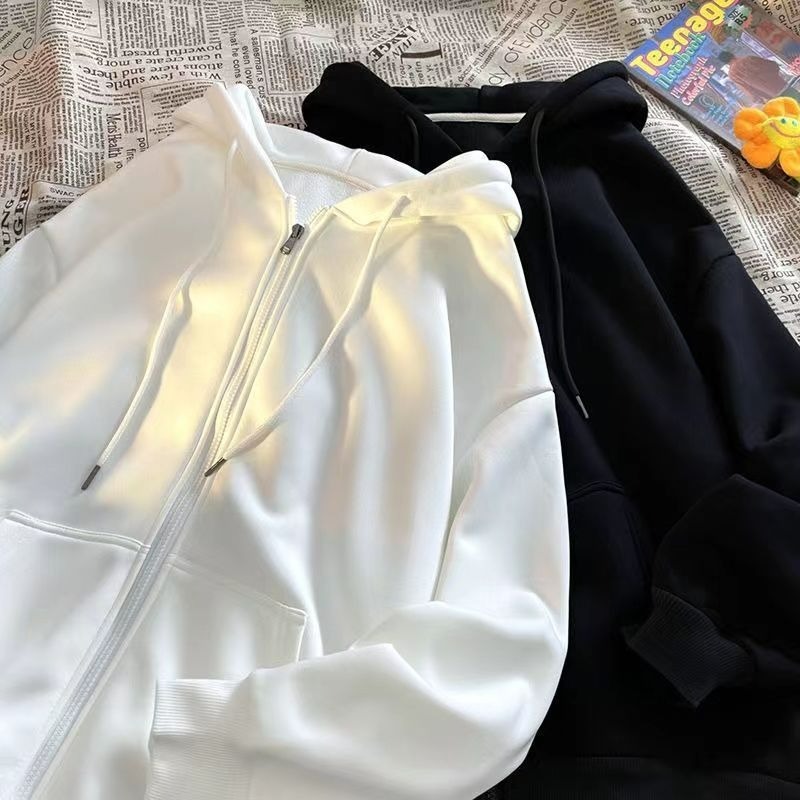 New Simple Zipper Hooded Cardigan Hoodie Women's Loose Korean Ins Long Sleeve Solid Color Baita Coat