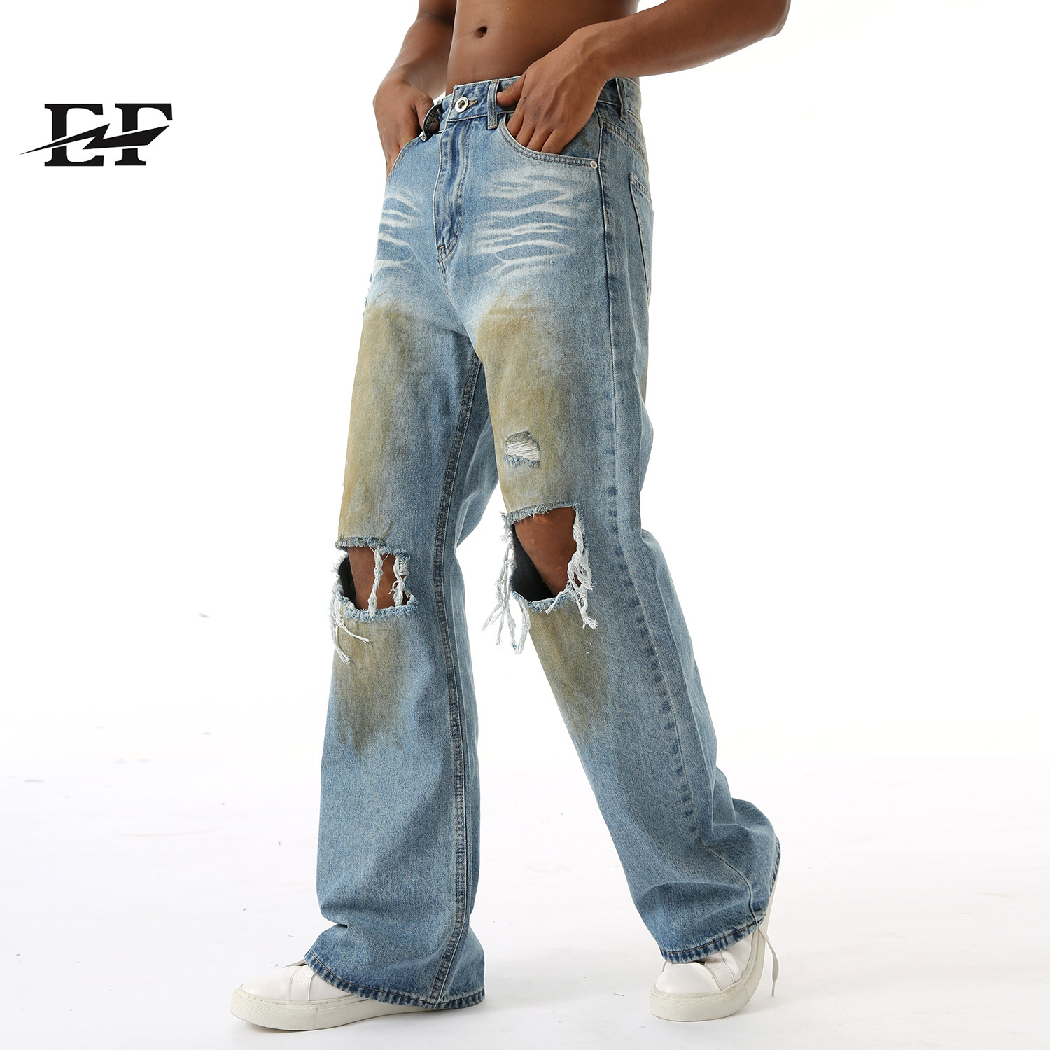 24ss Four Seasons New Product Street Trendy Waste Soil Style Doing Old Broken Hole Jeans Casual