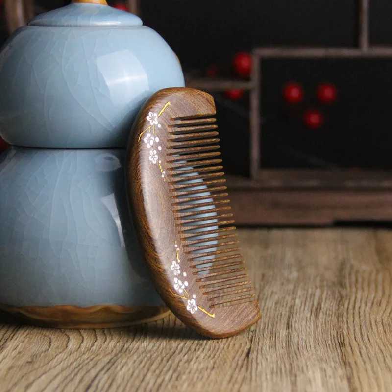 Natural Sandalwood Gold Wire Wood Comb Log Health Massage Portable Comb Temperature High end Gift W240813