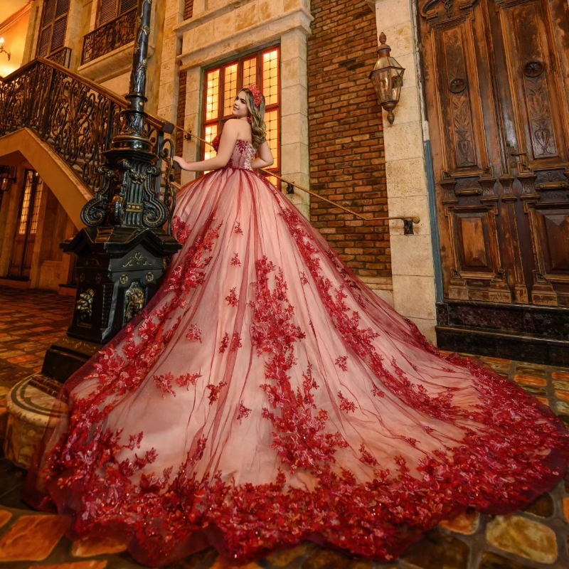 Red Off The Shoulder Quinceanera Dress For Sweet 16 Girl Sequined Beaded Applique Lace Tull Graduatin Party Birthday vestidos de 15 anos
