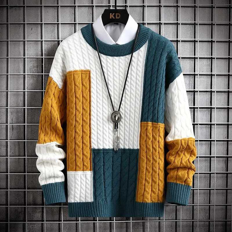 Harajuku mens fashionable knitted hip-hop streetwear color matching pull-out oversized casual O-neck mens retro sweaterW240729