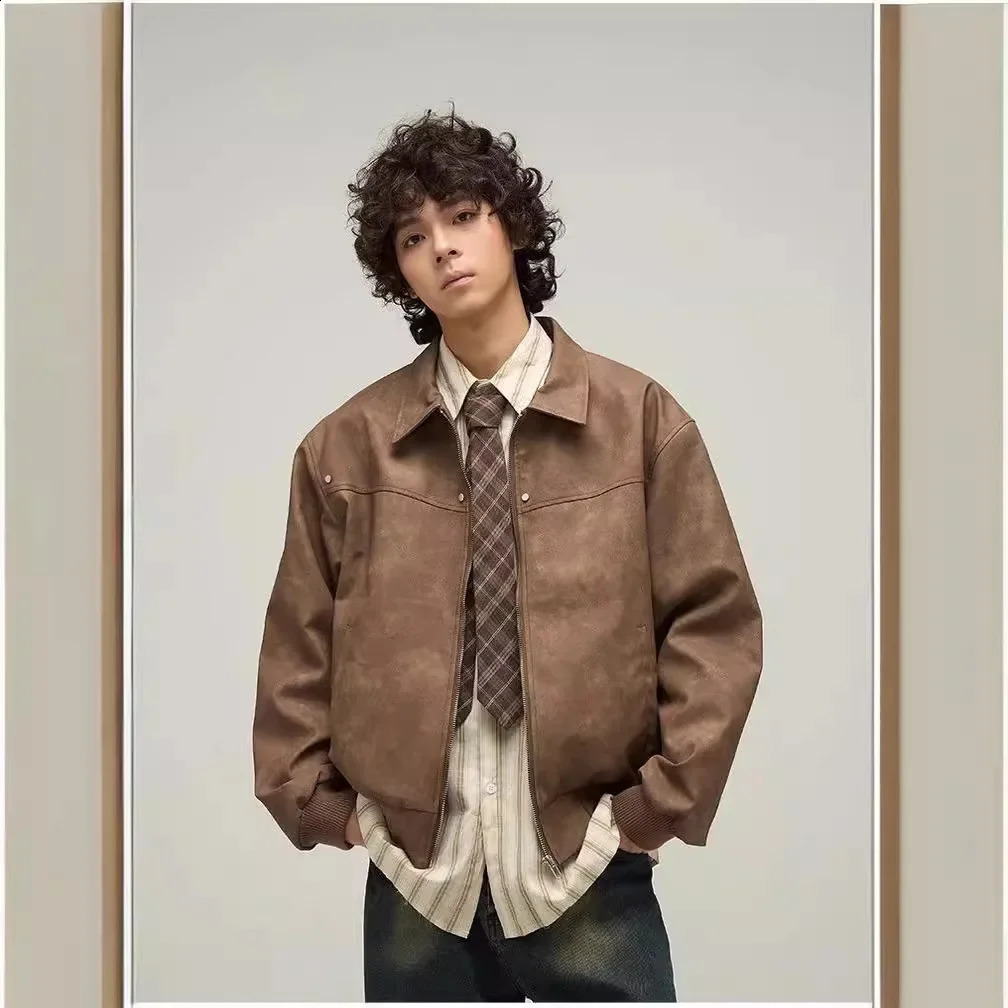 Spring Autumn Style American Vintage Distressed Brown Leather Jacket For Men High End Feel Clean Fit Jacket o240814
