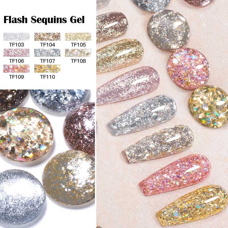 MEET ACROSS 8ml Glitter Sequins Gel Nail Polish Shiny Sparkling Silver Platinum Pink Semi Permanant Nail Art Gel ManicureM240814