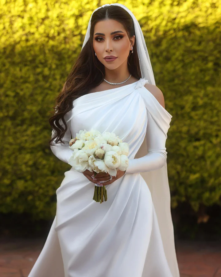 2024 Wedding Mermaid Dresses for Bride Simple Satin Sequins Crystals Sexy Long Sleeve Detachable Ruchd Buttons Robes De Mariee Plus size