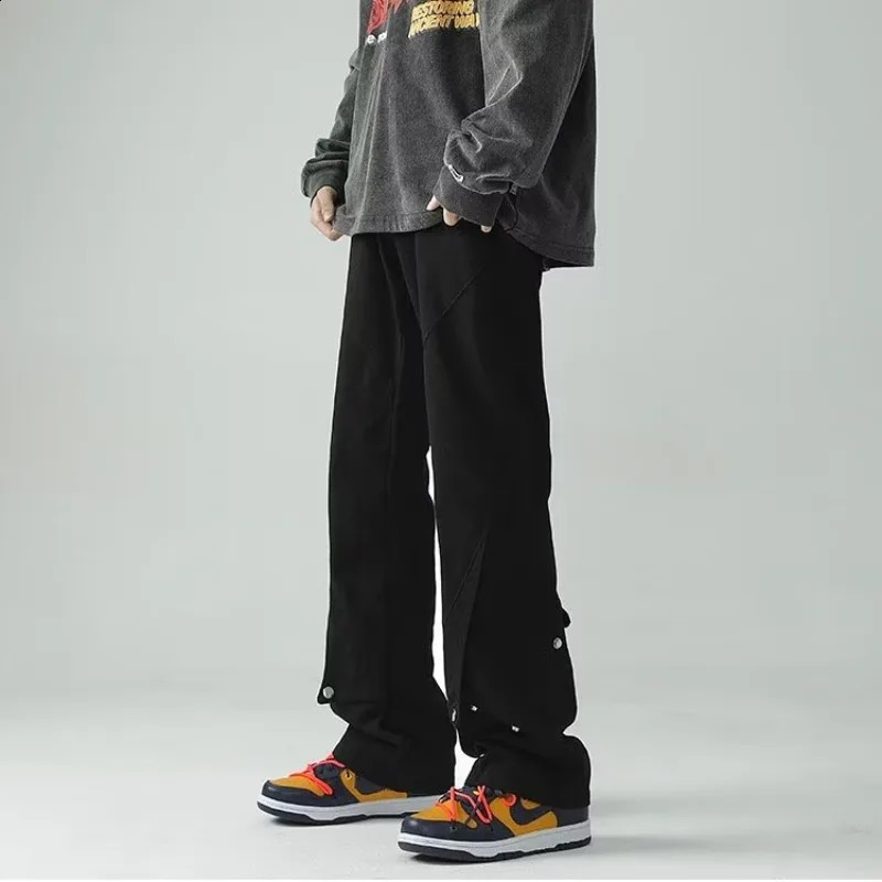 Spring Autumn Vintage Harajuku Solid Pants Men Loose Fashion Trousers Y2K Pockets Patchwork Ropa Hombre All Match Male Clothes 240814