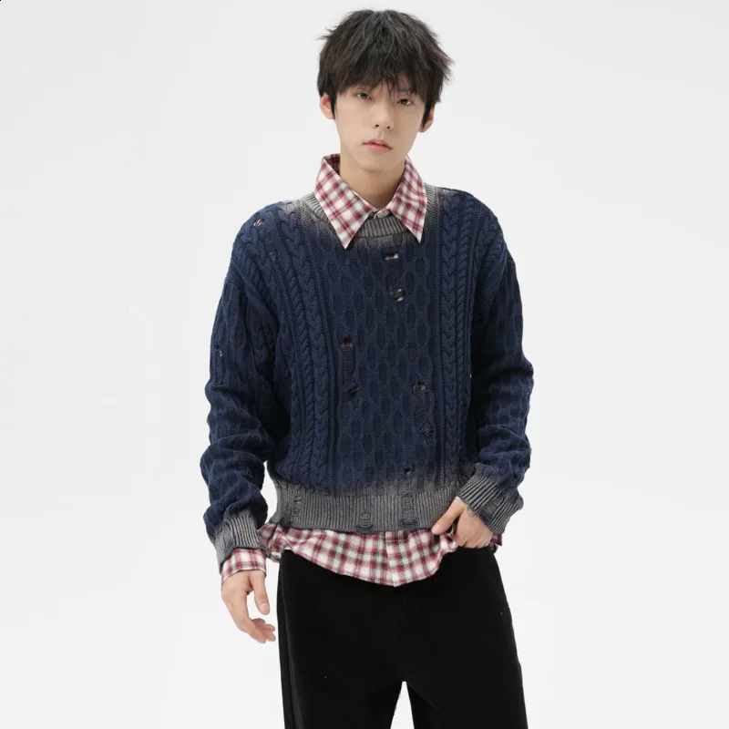 SYUHGFA Korean Style Mens Wear Sweater Autumn Round Collar Hollow Out Hole Knitted Top Vintage Male Top 240814