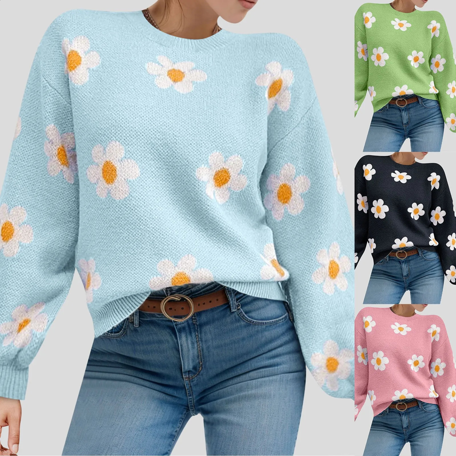 2024 Fall Sweater Women Fashion Round Neck Flower Printed Long Sleeve Ribbed Knitted Pullover Top Autumn Winter Outfits 240814