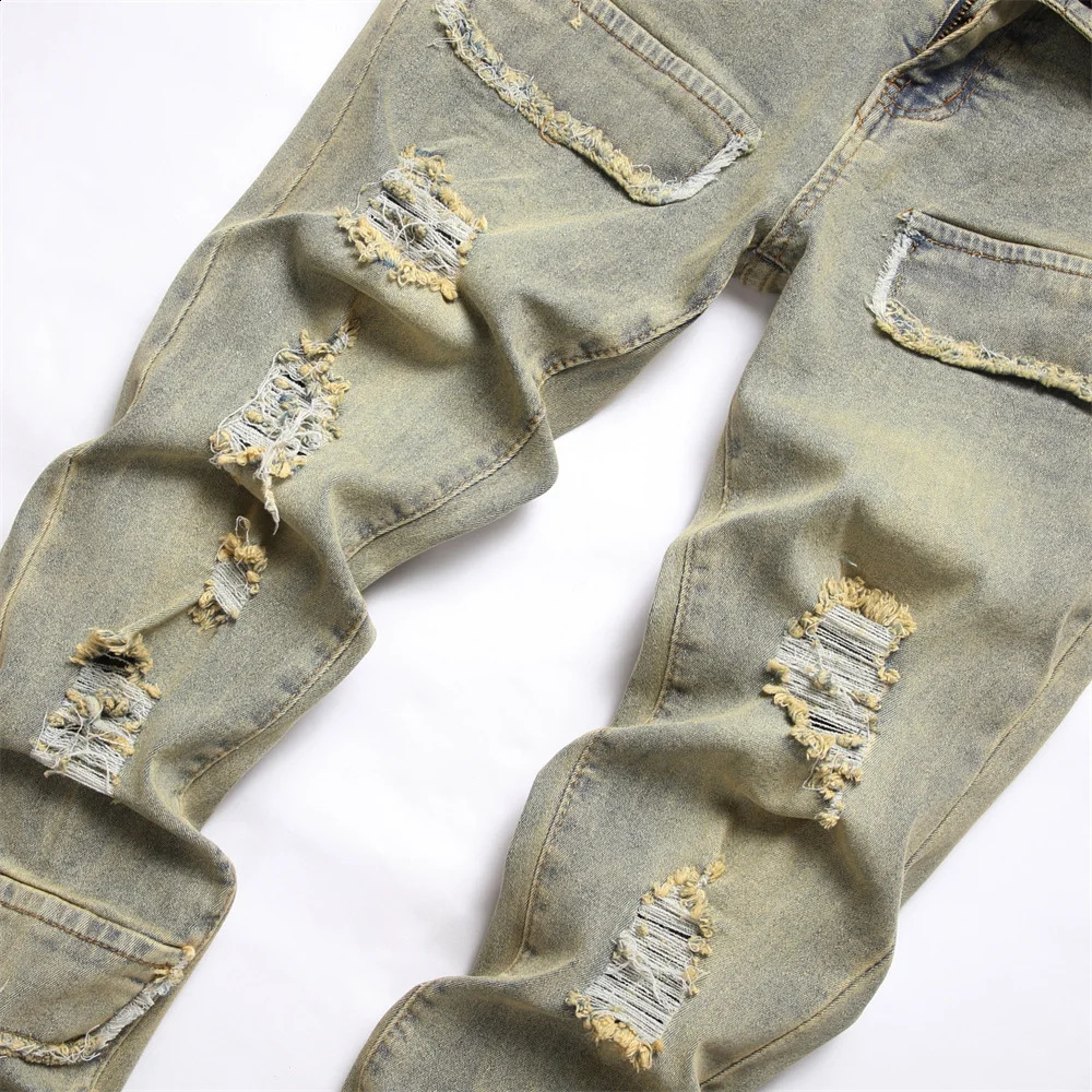 Streetwear Retro Style Men Ripped Spliced Slim Jeans Trousers Hip hop Holes Stylish Denim Pants For Male 240814