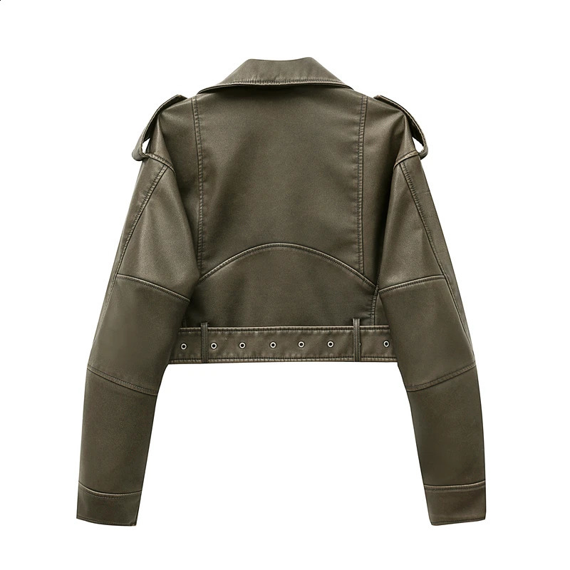 Army gree Coal graysty le Womens washed leather jacket with belt short coat with downgraded zipper and vintage lapel jacket 240813