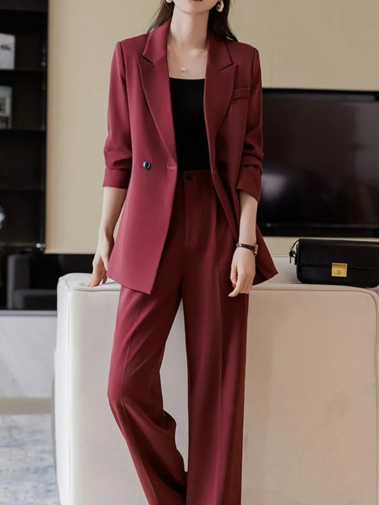 Korean Fashion Elegant Solid Women Blazer Pantsuit Casual Vintage Chic Suit Jackets Straight Pants 2 Pieces Set Female Outfits 240813