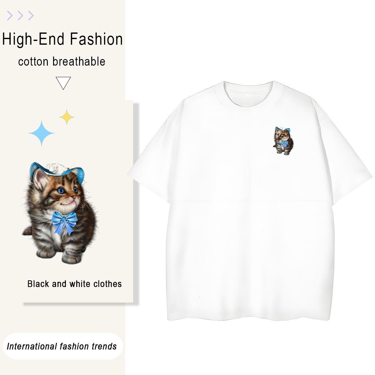 T Shirt For Man 100% Cotton 230g cat Hip Hop Street Breathable Short Sleeve DIY Printed Mens Tshirts New Comfortable Tops