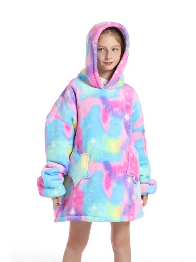 Tie Dye Unicorn Kigurumi Oversized Hoodie Childrens Super Warm Winter Clothes Kids One Piece Hooded Sweatshirts TV BlanketsY240814