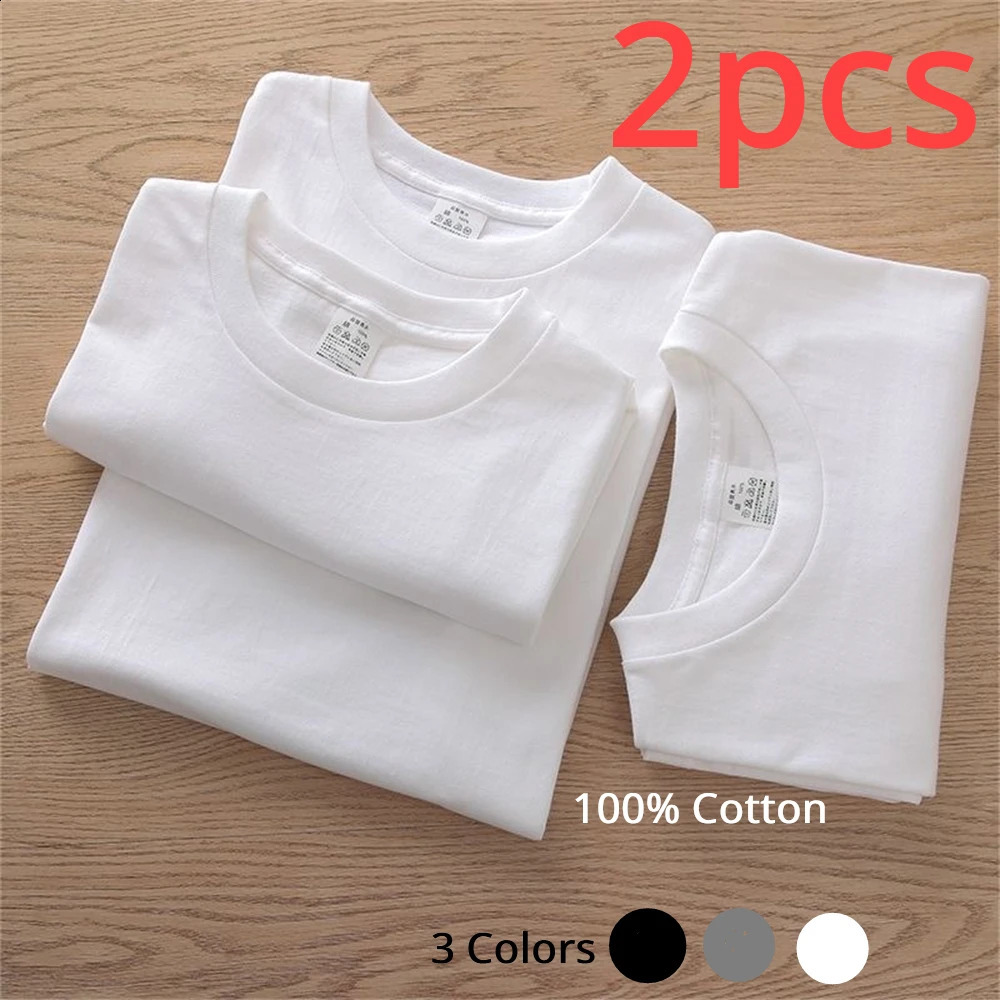 2PCS 100% pure cotton Tshirt mens and womens short sleeved white casual breathable loose round neck couple top 240813