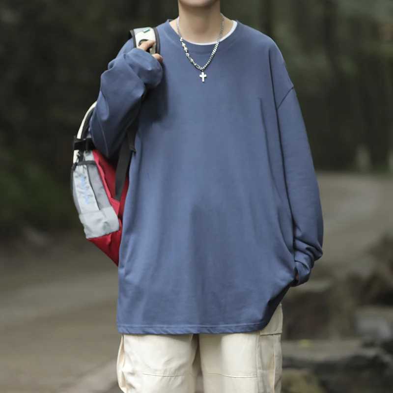 S-5XL! Spring and Autumn Long Sleeve T-shirt for Men Simple and Advanced High Street Hip Hop Trend Loose Solid Color Mens TopM240814
