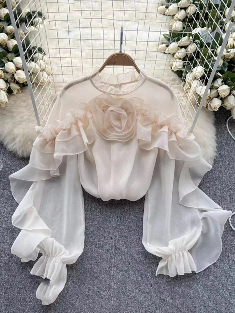 XFPV Womens Ruffle Irregular Mesh Fold Loose Korean Edition Shirt Stand up Collar Long Sleeve Spring/Summer 2024 SM10731 240814