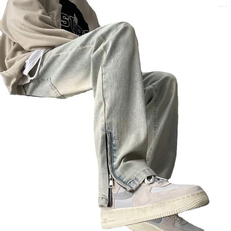 Men's Jeans Vintage Wash Straight-leg Denim Spring Autumn Side Zip American Style Trendy Brand Casual Streetwear