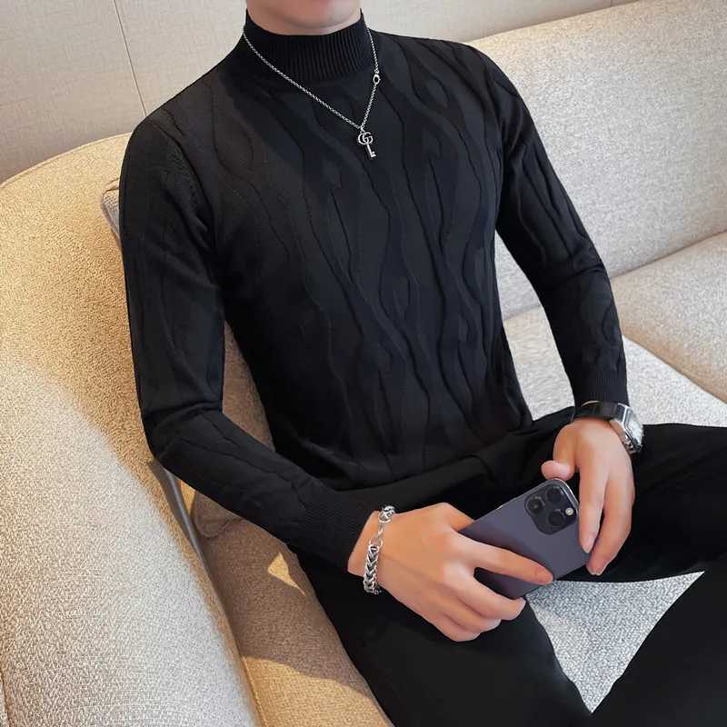 2023 autumn and winter jacquard mens sweater long sleeved slim fit half turtle neck sweater fashionable casual business knit zipperW240729