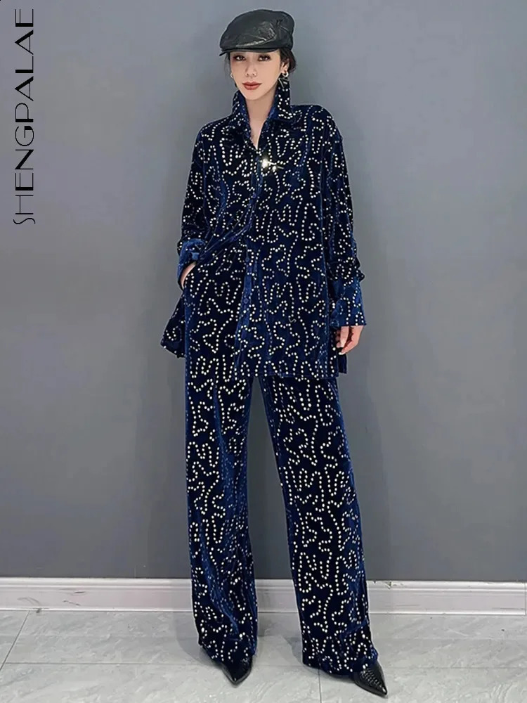 SHENGPALAE Fashion Women Two Pieces Sets Sequins Spliced Lapel Temperament Tops Versatile Wide Leg Pants Autumn 2024 5R7047 240813