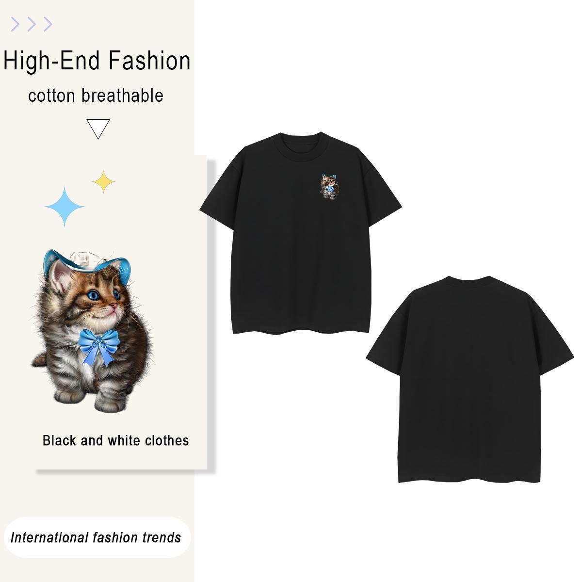 T Shirt For Man 100% Cotton 230g cat Hip Hop Street Breathable Short Sleeve DIY Printed Mens Tshirts New Comfortable Tops