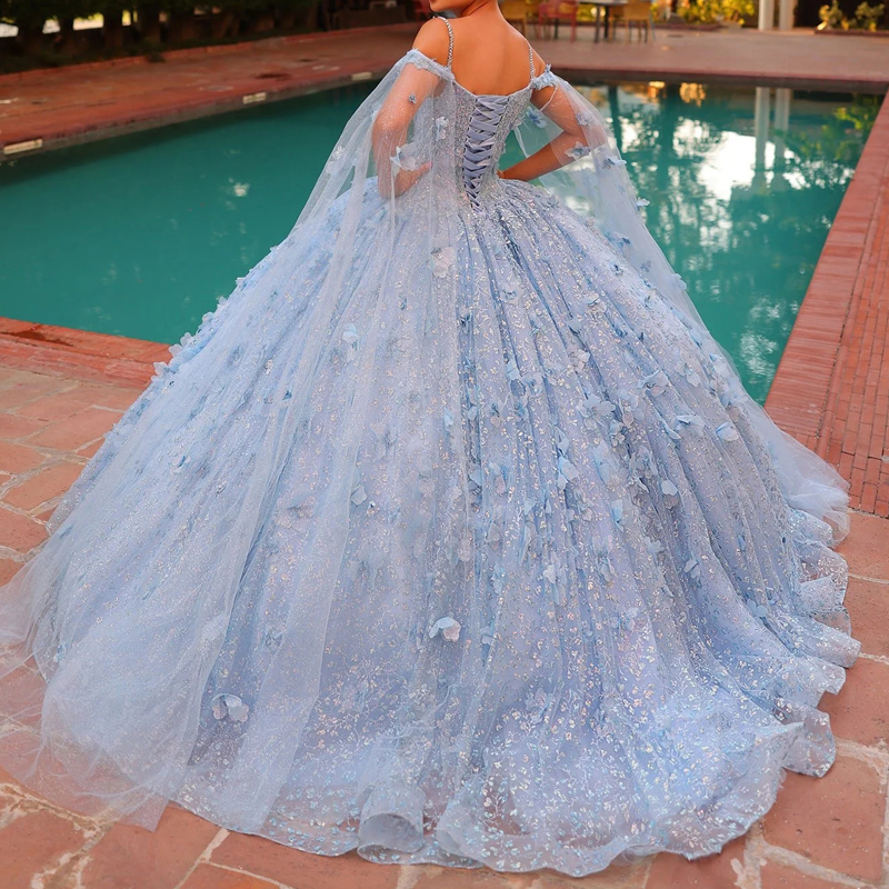 Sparkly Sky Blue Quinceanera Dress Ball Gown Lace Appliques Flower Beading Crystal With Cape Sweet 16 Vestido De 15 Anos