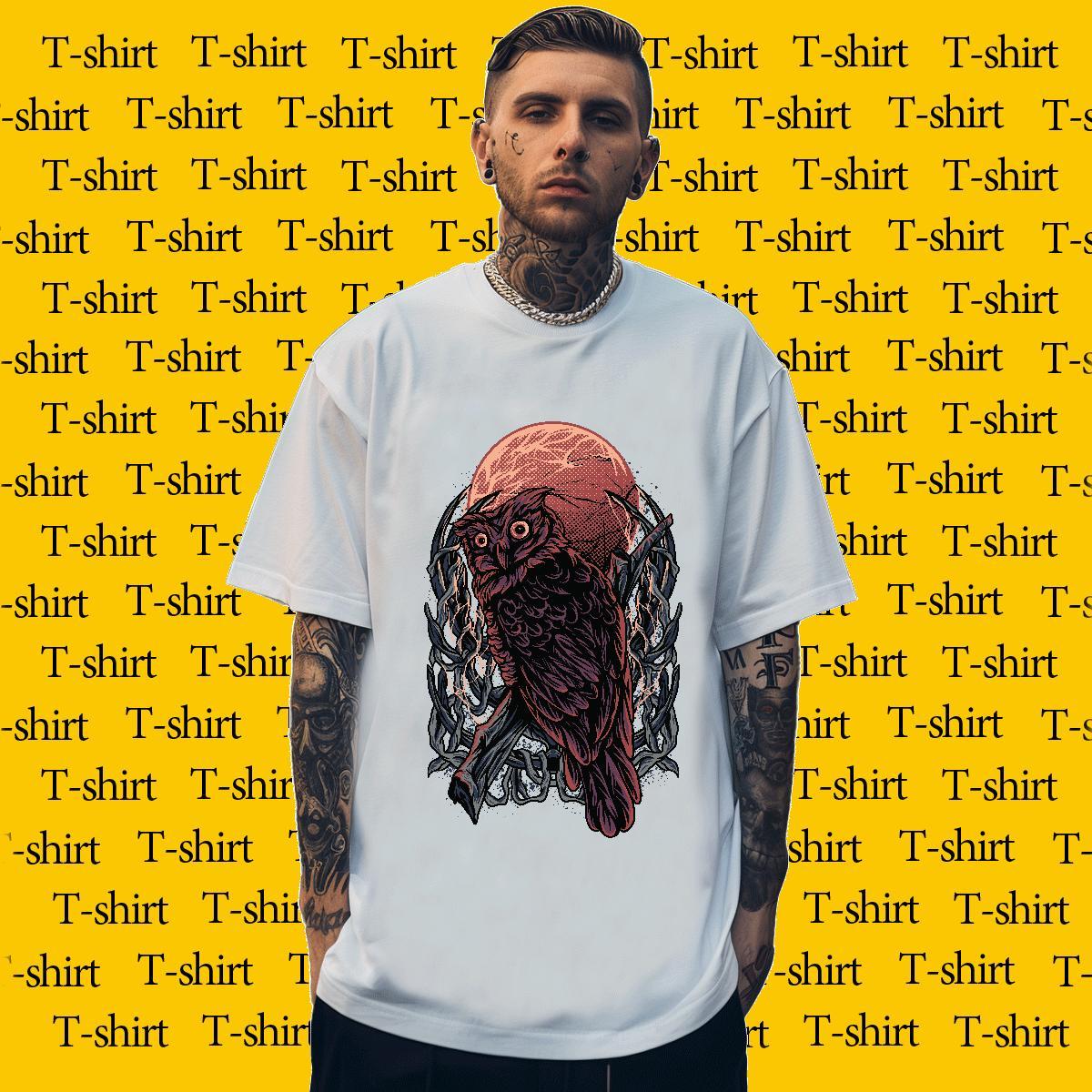 Comfortable T Shirt For Man Owl Crew Neck Breathable Anime Printing Street Custom Printed 230g Pure Cotton Men Tops Tees 2024 DIY Clothings